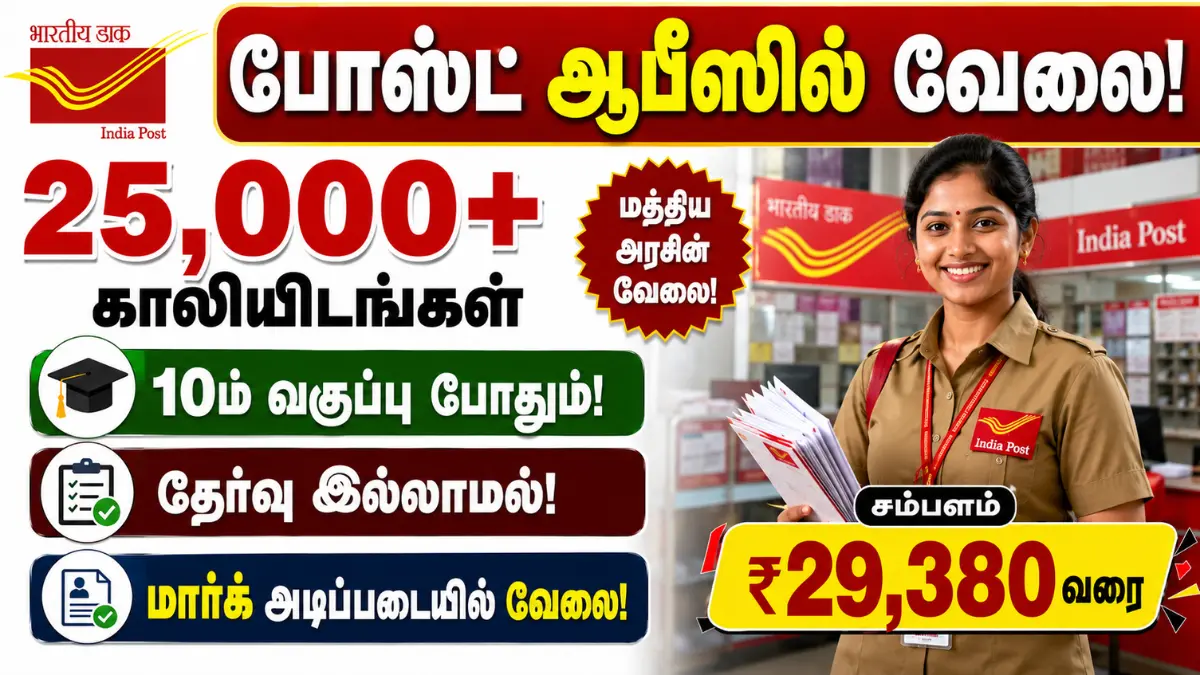போஸ்ட் ஆபீஸில் வேலை! 25,000+ காலியிடங்கள் | 10ம் வகுப்பு போதும் | தேர்வு இல்லாமல் மார்க் அடிப்படையில் வேலை | சம்பளம் ₹29,380 வரை India Post GDS Recruitment 2026