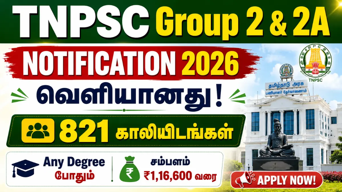 TNPSC Group 2 & 2A Notification 2026 வெளியானது! 821 காலியிடங்கள் | Any Degree போதும் | சம்பளம் ₹1,16,600 வரை! TNPSC Group 2 & 2A Recruitment 2026