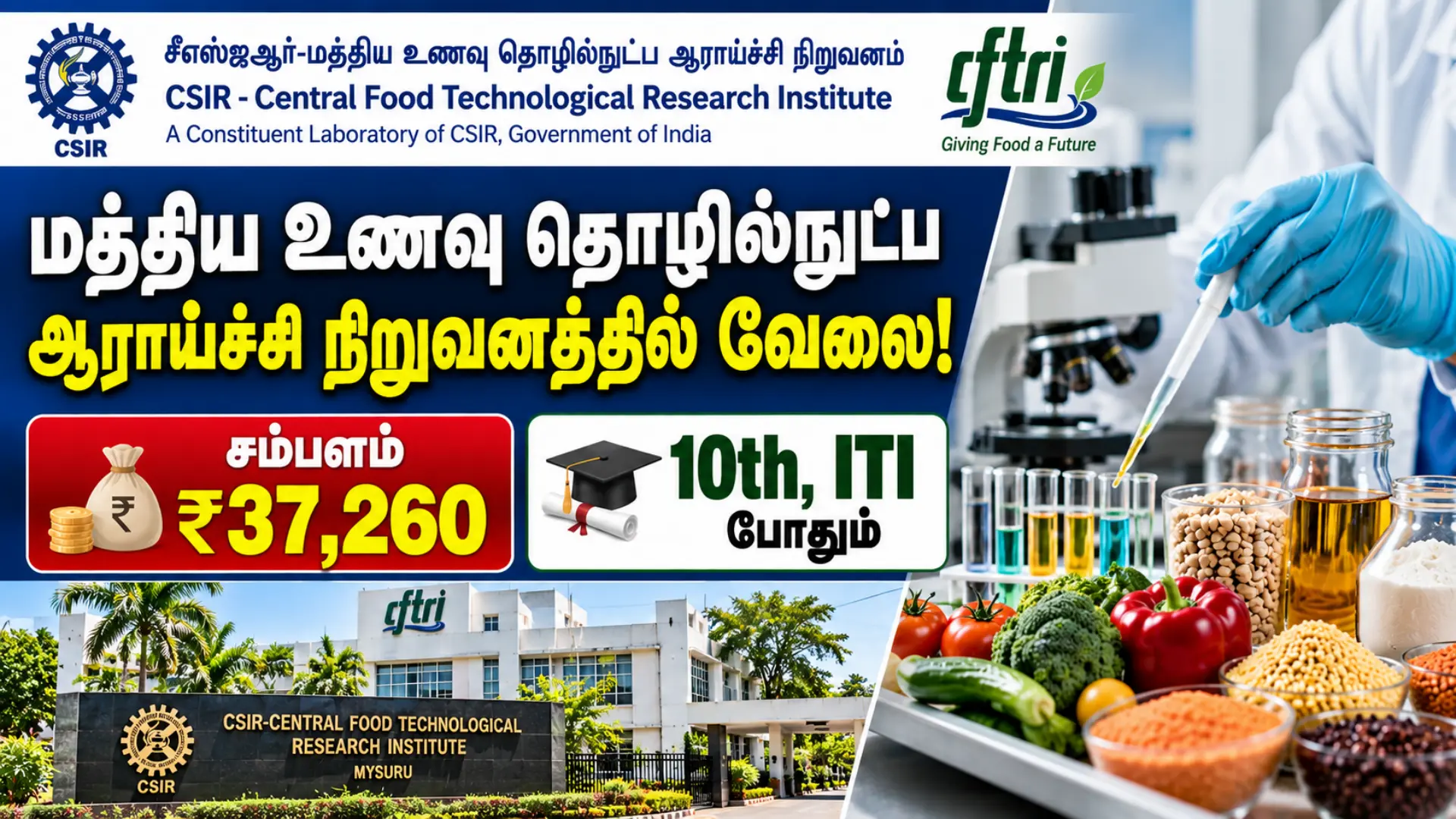 மத்திய உணவு தொழில்நுட்ப ஆராய்ச்சி நிறுவனத்தில் வேலை! சம்பளம் ₹37,260 | 10th, ITI போதும் CFTRI Technician Recruitment 2026